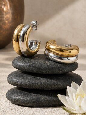 18K Gold Plated Two Tone Chunky Dome C Hoops Mixed Metal Stainless Steel 0.8"